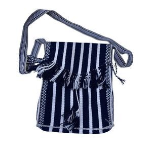 Bohemian woven cotton blend crossbody bag fringe, tie front front.